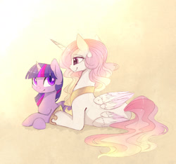Size: 2185x2047 | Tagged: safe, artist:magnaluna, princess celestia, twilight sparkle, alicorn, pony, unicorn, g4, colored pupils, colored wings, colored wingtips, cute, cutelestia, duo, duo female, eye contact, female, folded wings, high res, hoof shoes, horn, lesbian, lidded eyes, looking at each other, looking at someone, lying down, mare, peytral, pink mane, pink-mane celestia, princess shoes, prone, ship:twilestia, shipping, smiling, smiling at each other, tail, twiabetes, unicorn twilight, wings