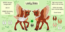 Size: 4632x2316 | Tagged: safe, artist:kleowolfy, oc, oc only, oc:leafy skies, deer, deer pony, original species, peryton, antlers, bandage, broken bone, broken wing, cast, cloven hooves, colored hooves, colored wings, commission, deerified, freckles, green background, hooves, injured, nonbinary, reference sheet, short tail, sling, solo, species swap, stag, tail, wings