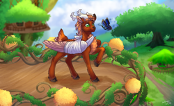 Size: 3239x1979 | Tagged: safe, artist:malinraf1615, oc, oc only, oc:leafy skies, butterfly, deer, deer pony, original species, peryton, antlers, bandage, broken bone, broken wing, cast, cloven hooves, colored hooves, colored wings, commission, deerified, folded wings, forest, freckles, hooves, injured, large wings, nature, nonbinary, short tail, sling, solo, species swap, stag, tail, tree, treehouse, village, wings
