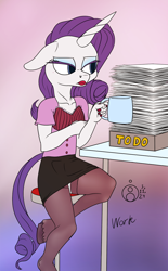 Size: 742x1200 | Tagged: safe, artist:sepiakeys, rarity, unicorn, anthro, unguligrade anthro, g4, blouse, clothes, female, gradient background, grump, horn, pencil skirt, sitting, skirt, solo, stockings, thigh highs, tight clothing, tube skirt, unicorn horn, working