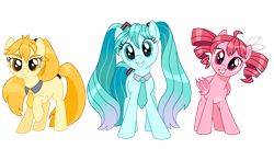 Size: 1362x740 | Tagged: safe, artist:dazzle, pony, g4, akita neru, anime, bat wings, clothes, eyebrows, female, hatsune miku, kasane teto, looking at you, necktie, pigtails, ponified, ponytail, ribbon, simple background, transparent background, trio, trio female, vocaloid, wings