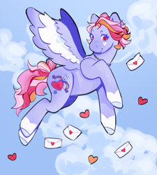 Size: 1800x2000 | Tagged: safe, artist:fhroggy, oc, oc only, oc:matchmaker, pegasus, pony, artfight, blue eyelashes, blue hooves, coat markings, colored eyelashes, colored hooves, colored pupils, colored wings, curly mane, curly tail, day, eyelashes, floating heart, flying, gift art, heart, heart mark, hooves, jewelry, letter, looking down, love letter, multicolored mane, multicolored tail, necklace, no catchlights, outdoors, pegasus oc, purple coat, raised hoof, red eyes, red pupils, short mane, sky background, smiling, socks (coat markings), solo, tail, three toned mane, three toned tail, tied tail, two toned wings, wings