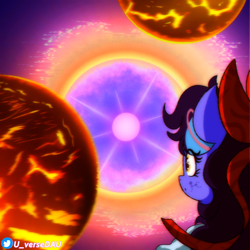 Size: 3070x3070 | Tagged: safe, artist:juniverse, oc, oc:juniverse, earth pony, pony, colored, explosion, facts, looking at something, planet, ribbon, solo, space, space pony, stars, type ii supernova, universe daughter