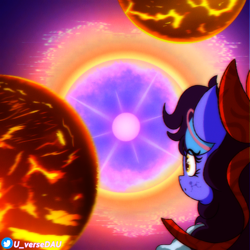 Size: 3070x3070 | Tagged: safe, artist:juniverse, oc, oc only, oc:juniverse, earth pony, pony, colored, explosion, facts, looking at something, planet, ribbon, solo, space, space pony, stars, type ii supernova, universe daughter