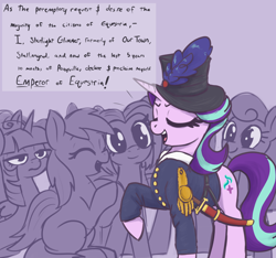 Size: 2890x2700 | Tagged: safe, artist:t72b, starlight glimmer, twilight sparkle, alicorn, earth pony, pony, unicorn, g4, background pony, clapping, clothes, emperor norton, eyes closed, feather, female, hat, historical roleplay starlight, horn, jacket, mare, open mouth, raised hoof, sword, text, top hat, twilight sparkle (alicorn), twilight sparkle is not amused, unamused, weapon