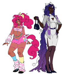 Size: 2073x2249 | Tagged: safe, artist:hal9000fanboy, pinkie pie, rarity, human, g4, dark skin, duo, duo female, eared humanization, female, horn, horned humanization, humanized, simple background, tail, tailed humanization, white background