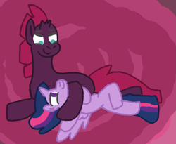 Size: 1295x1062 | Tagged: safe, artist:zoeyhorse, tempest shadow, twilight sparkle, alicorn, pony, unicorn, g4, abstract background, broken horn, cuddling, duo, duo female, female, horn, lesbian, looking at each other, looking at someone, lying down, mare, missing cutie mark, on back, ship:tempestlight, shipping, smiling, smiling at each other, twilight sparkle (alicorn)