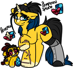 Size: 1983x1855 | Tagged: safe, artist:sexygoatgod, oc, oc:pampered spruce, oc:perepru, original species, plush pony, pony, unicorn, amputee, female, horn, mare, plushie, prosthetic leg, prosthetic limb, prosthetics, self paradox, self ponidox, simple background, transparent background