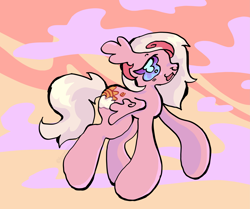 Size: 4065x3399 | Tagged: safe, artist:larvaecandy, oc, oc only, oc:dizzy dawn, pegasus, pony, :3, abstract background, artfight, big hooves, blonde mane, blonde tail, blue eyes, blush lines, blushing, colored sclera, dyed mane, ear fluff, eyelashes, female, floppy ears, folded wings, gift art, high res, lidded eyes, long legs, long mane, long tail, mare, mare oc, no pupils, nose piercing, open mouth, open smile, outdoors, pegasus oc, piercing, pink coat, ponysona, profile, purple sclera, raised hoof, raised leg, septum piercing, sky background, smiling, solo, standing on two hooves, sunset, tail, two toned mane, two toned sclera, wingding eyes, wings