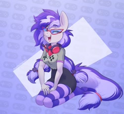 Size: 1212x1110 | Tagged: safe, alternate version, artist:sharemyshipment, oc, oc only, oc:cinnabyte, anthro, unguligrade anthro, clothes, commission, eyebrows, eyebrows visible through hair, female, happy, headphones, headset, kneeling, one eye closed, open mouth, open smile, smiling, socks, solo, striped socks, sunglasses, wink