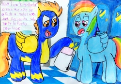 Size: 3233x2251 | Tagged: safe, artist:bitter sweetness, rainbow dash, spitfire, pegasus, pony, g4, wonderbolts academy, abdl, adult foal, clothes, diaper, diaper fetish, fetish, lockers, non-baby in diaper, open mouth, open smile, orange eyes, pink eyes, smiling, spanish, spanish text, speech bubble, traditional art, translated in the description, uniform, wonderbolts, wonderbolts uniform