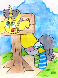 Size: 2226x2983 | Tagged: safe, artist:bitter sweetness, oc, oc only, oc:bitter sweetness, pony, unicorn, abdl, adult foal, blue sky, clothes, diaper, diaper fetish, dirt road, fetish, graph paper, grass, green eyes, horn, horn ring, inhibitor ring, magic suppression, non-baby in diaper, punishment, ring, socks, solo, stocks, striped socks, traditional art, unicorn oc