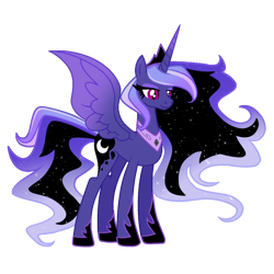 Size: 2048x2048 | Tagged: safe, artist:reverieraven_, nightmare moon, princess luna, alicorn, pony, g4, alternate universe, base used, concave belly, crown, design, female, high res, horn, jewelry, mare, mare in the moon, moon, night, nightmare night, older, older luna, older princess luna, queen luna, redesign, regalia, royalty, simple background, slender, solo, spread wings, thin, transparent background, wings
