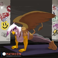 Size: 1000x1000 | Tagged: safe, artist:kevinsano, gilda, griffon, anthro, digitigrade anthro, g4, big breasts, breasts, busty gilda, female, graffiti, midriff, muscles, muscular female, push-ups, rippda, solo, spread wings, wings, yoga mat