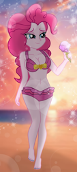 Size: 900x2000 | Tagged: safe, artist:emeraldblast63, part of a set, pinkie pie, equestria girls, g4, beach, belly, belly button, bikini, breasts, clothes, feet, female, food, ice cream, ice cream cone, nail polish, pinkie pie swimsuit, solo, stupid sexy pinkie, swimsuit, toenail polish