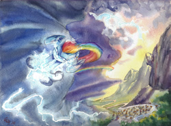Size: 6880x5063 | Tagged: safe, artist:the-wizard-of-art, rainbow dash, pegasus, pony, g4, absurd resolution, canterlot, cloud, female, flying, lightning, mare, mountain, outdoors, rainbow trail, river, scenery, signature, sky, solo, spread wings, storm, thunderstorm, traditional art, water, watercolor painting, wings