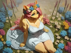 Size: 1000x750 | Tagged: safe, ai content, ai reference, artist:evehly, fluttershy, pegasus, anthro, unguligrade anthro, g4, breasts, busty fluttershy, cleavage, clothes, digital art, dress, female, floral head wreath, flower, looking at you, looking up, mare, sitting, smiling, solo