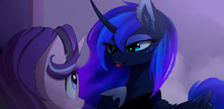 Size: 2600x1266 | Tagged: safe, artist:magnaluna, princess luna, starlight glimmer, alicorn, pony, unicorn, g4, to where and back again, :p, curved horn, duo, duo female, ear fluff, eye clipping through hair, eye contact, eyeshadow, female, folded wings, hoof on chest, hoof shoes, horn, looking at each other, looking at someone, makeup, mare, open mouth, peytral, princess shoes, scene interpretation, tail, tongue out, wings
