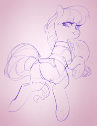 Size: 1500x1944 | Tagged: safe, artist:rirurirue, octavia melody, earth pony, pony, g4, butt, clothes, female, garter belt, lingerie, looking back, mare, monochrome, plot, sketch, solo, stockings, thigh highs, treblebutt