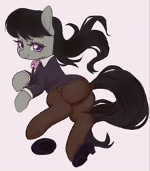 Size: 1803x2048 | Tagged: safe, artist:rirurirue, octavia melody, earth pony, pony, g4, black pantyhose, businessmare, butt, clothes, female, frog (hoof), high heels, lidded eyes, looking at you, mare, pantyhose, partially undressed, plot, shoes, simple background, smiling, smiling at you, solo, treblebutt, underhoof, white background