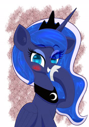 Size: 1900x2700 | Tagged: safe, artist:scandianon, princess luna, alicorn, pony, g4, blushing, cute, eyebrows, eyebrows visible through hair, female, hoof over mouth, looking at you, lunabetes, mare, smiling, solo