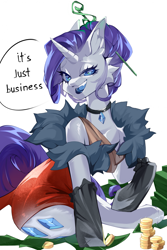 Size: 1567x2351 | Tagged: dead source, safe, artist:affti, rarity, semi-anthro, g4, alternate hairstyle, choker, evil smile, feather boa, female, looking at you, mistress, money, red dress, simple background, sitting, smiling, solo, speech bubble, white background, wide hips