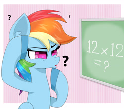 Size: 3000x2633 | Tagged: safe, artist:scandianon, rainbow dash, pegasus, pony, g4, :o, chalkboard, confused, eyebrows, female, folded wings, high res, mare, math, open mouth, question mark, rainbow dumb, solo, wings