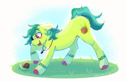 Size: 2107x1372 | Tagged: safe, artist:kaijulii, oc, oc only, earth pony, pony, snail, crouching, cute, ear piercing, earring, eyepatch, freckles, grass, grass field, green fur, jewelry, leaning, leaning forward, necklace, piercing, red eyes, short hair, short mane, short tail, simple background, solo, stretching, tail, two toned coat, two toned hair, two toned mane, two toned tail