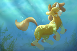 Size: 1825x1211 | Tagged: safe, artist:kaijulii, oc, oc only, fish, goldfish, sea pony, unicorn, bubble, crepuscular rays, curved horn, cute, digital art, dot eyes, fins, flowing mane, flowing tail, horn, ocean, orange coat, orange hair, orange mane, seaweed, solo, sunlight, swimming, tail, underwater, unicorn horn, water