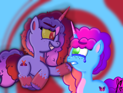 Size: 2160x1620 | Tagged: safe, artist:jesslmc16, misty brightdawn, oc, oc:bisty, pony, unicorn, emotional rollercoaster, g5, my little pony: tell your tale, spoiler:g5, spoiler:my little pony: tell your tale, spoiler:tyts02e15, coat markings, crying, duo, duo female, evil, evil smile, female, floating, horn, mare, markings, multicolored mane, shadow misty, signature, simple background, smiling, yellow eyes