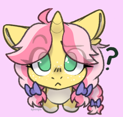 Size: 1830x1737 | Tagged: safe, artist:itsspoops, oc, oc only, oc:crafty circles, pony, unicorn, commission, ear fluff, eye clipping through hair, eyebrows, eyebrows visible through hair, horn, looking at you, question mark, simple background, solo, ych result