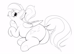 Size: 4096x2990 | Tagged: safe, artist:pabbley, rainbow dash, pegasus, pony, g4, alternate hairstyle, black and white, butt, cute, dashabetes, dock, female, grayscale, hoof on chin, looking back, lying down, mare, monochrome, plot, plump, ponytail, prone, rainbutt dash, simple background, solo, tail, tongue out, white background