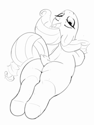 Size: 3033x4003 | Tagged: safe, artist:pabbley, rarity, pony, unicorn, g4, black and white, butt, cute, dock, female, grayscale, horn, lidded eyes, looking at you, looking back, looking back at you, lying down, mare, monochrome, nose in the air, plot, plump, prone, raised tail, raribetes, rearity, simple background, solo, sploot, tail, upside down, white background