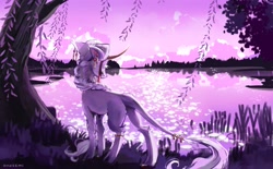 Size: 2839x1760 | Tagged: safe, artist:laymy, oc, oc only, classical unicorn, unicorn, butt, cloven hooves, curved horn, facing away, high res, horn, lake, leonine tail, plot, scenery, solo, tail, tree, unshorn fetlocks, water