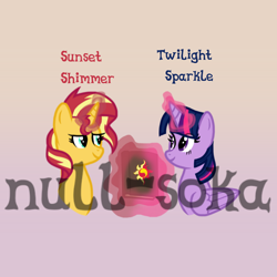 Size: 1080x1080 | Tagged: safe, artist:null-soka, sunset shimmer, twilight sparkle, alicorn, pony, unicorn, g4, book, diary, duo, duo female, female, gradient background, horn, lesbian, magic, obtrusive watermark, ship:sunsetsparkle, shipping, twilight sparkle (alicorn), watermark