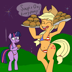 Size: 1155x1155 | Tagged: safe, artist:this_sl0th, applejack, twilight sparkle, earth pony, pony, unicorn, semi-anthro, g4, 4th of july, american flag bikini, amerijack, belly, belly button, bikini, bipedal, clothes, duo, duo female, eating, eyebrows, eyebrows visible through hair, eyes closed, female, fireworks, flag bikini, herbivore, holiday, hoof hold, horn, mare, swimsuit, twilight burgkle