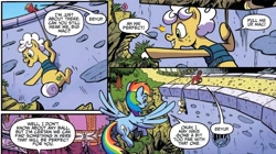 Size: 2068x1162 | Tagged: safe, artist:pencils, idw, official comic, big macintosh, goldie delicious, rainbow dash, earth pony, pegasus, pony, g4, spoiler:comic, spoiler:comic70, dam, rappelling, rope