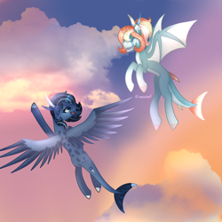 Size: 3000x3000 | Tagged: safe, artist:aasuri-art, oc, oc only, bat pony, pegasus, pony, artfight 2024, bat pony oc, bat wings, blind, blue skin, dark skin, detailed, detailed background, duo, duo female, female, fish tail, flying, glowing, glowing mane, high res, shiny, sky, sunset, tail, wings