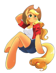 Size: 1582x2048 | Tagged: safe, artist:nekoshiei, applejack, earth pony, anthro, g4, applejack's hat, arm hooves, blushing, breasts, clothes, cowboy hat, crossed legs, denim, denim shorts, female, freckles, hairband, hat, jacket, mare, shirt, shorts, signature, simple background, sitting, solo, straw in mouth, white background, white pupils