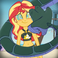 Size: 1000x1000 | Tagged: safe, artist:ticklehypno, edit, edited screencap, screencap, sunset shimmer, human, snake, equestria girls, g4, beach, blushing, clothes, coils, cute, duo, female, hypno eyes, hypnosis, hypnotized, kaa, kaa eyes, male, swimsuit
