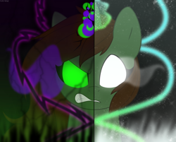 Size: 1080x867 | Tagged: safe, artist:faith-wolff, oc, oc only, oc:gentle heart, pony, unicorn, two sided posters, black background, dark magic, eye mist, glowing, glowing eyes, horn, magic, simple background, solo, sombra eyes, two sides, unicorn oc