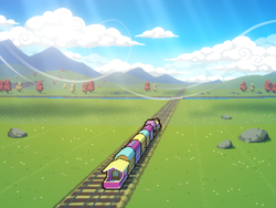 Size: 800x600 | Tagged: safe, artist:rangelost, cyoa:d20 pony, g4, cyoa, digital art, field, friendship express, hill, locomotive, no pony, pixel-crisp art, river, scenery, steam locomotive, story included, train, water