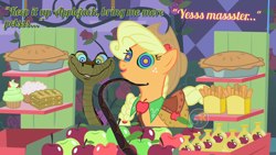 Size: 1280x720 | Tagged: safe, artist:scornedremnant, edit, edited screencap, screencap, applejack, earth pony, pony, snake, g4, the best night ever, apple, applebetes, applejack's hat, clothes, cowboy hat, cute, dress, duo, female, food, freckles, gala dress, grand galloping gala, hat, hypno eyes, hypnojack, hypnosis, hypnotized, kaa, kaa eyes, male, mare, master, pie, stand