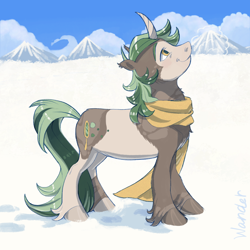Size: 2000x2000 | Tagged: safe, artist:universalheart, oc, oc only, pony, unicorn, clothes, coat markings, hoofprints, horn, looking up, mountain, mountain range, scarf, smiling, snow, solo