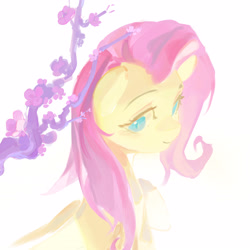 Size: 3937x3937 | Tagged: safe, artist:xiangquxiaomaguo, artist:快乐的小马, fluttershy, pegasus, pony, g4, cherry blossoms, female, flower, flower blossom, folded wings, looking at you, mare, pink hair, pink mane, raised hoof, simple background, solo, teal eyes, white background, wings, yellow coat, yellow fur, yellow pony, yellow wings