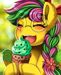 Size: 1424x1764 | Tagged: safe, artist:pridark, oc, oc only, oc:biolachan breeze, pegasus, pony, blushing, bow, braid, braided ponytail, cute, eyes closed, female, flower, flower in hair, food, glasses, hair bow, ice cream, mare, ocbetes, open mouth, pegasus oc, ponytail, solo