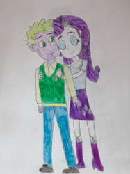 Size: 513x686 | Tagged: safe, artist:hakdurbin, rarity, spike, human, equestria girls, g4, boots, clothes, cute, daaaaaaaaaaaw, duo, duo male and female, eyes closed, eyeshadow, female, hug, hug from behind, human spike, humanized, looking at each other, looking at someone, makeup, male, raribetes, ship:sparity, shipping, shoes, smiling, smiling at each other, spikabetes, straight, sweet dreams fuel, traditional art, wholesome