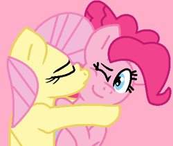 Size: 418x353 | Tagged: safe, artist:jadeharmony, artist:madzbases, fluttershy, pinkie pie, earth pony, pegasus, pony, g4, alternate hairstyle, base used, cheek kiss, cute, daaaaaaaaaaaw, diapinkes, duo, duo female, eyes closed, female, hug, kissing, lesbian, mare, one eye closed, pink background, ship:flutterpie, shipping, shyabetes, simple background, smiling, sweet dreams fuel, wholesome