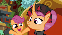 Size: 1023x576 | Tagged: artist needed, safe, anonymous artist, artist:frownfactory, edit, edited screencap, screencap, sable spirit, scootaloo, pony, unicorn, campfire tales, g4, alternate universe, clothes, cute, cutealoo, daaaaaaaaaaaw, dialogue in the description, duo, duo female, empress sable spirit, female, filly, foal, horn, looking at each other, looking at someone, mare, mother and child, mother and daughter, open mouth, open smile, scootalove, smiling, smiling at each other, what if, young sable spirit