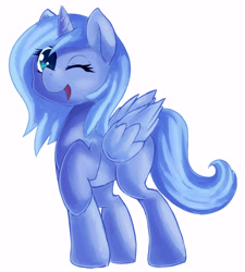 Size: 5400x6000 | Tagged: safe, artist:zokkili, princess luna, alicorn, pony, g4, absurd resolution, female, folded wings, horn, looking at you, mare, one eye closed, open mouth, open smile, raised hoof, s1 luna, simple background, smiling, smiling at you, solo, tail, white background, wings, wink, winking at you